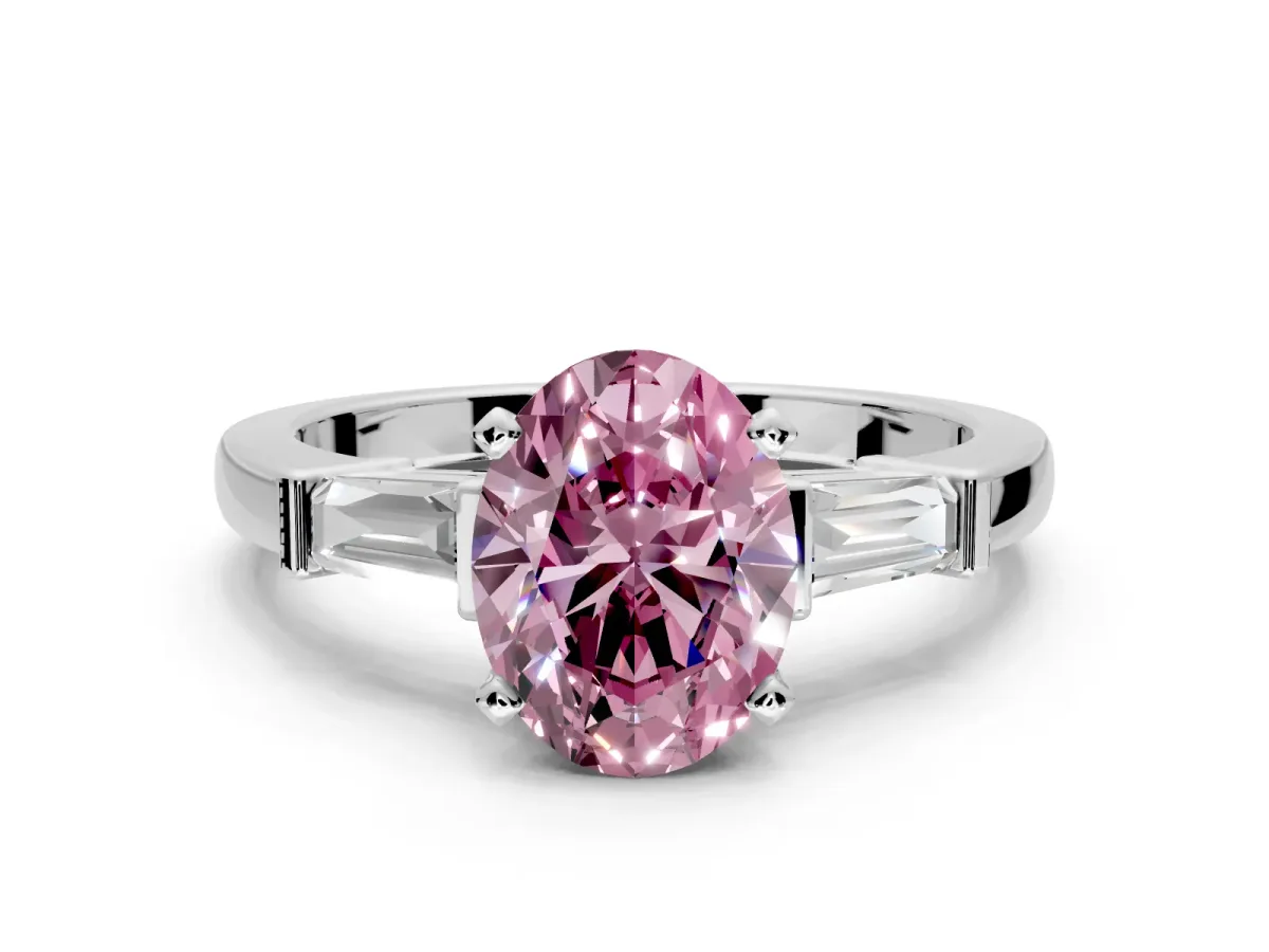 3 Stone Engagement Ring Setting for Fancy Pink Oval Center with Channel Baguette Accents and Prong Head in Sterling Silver