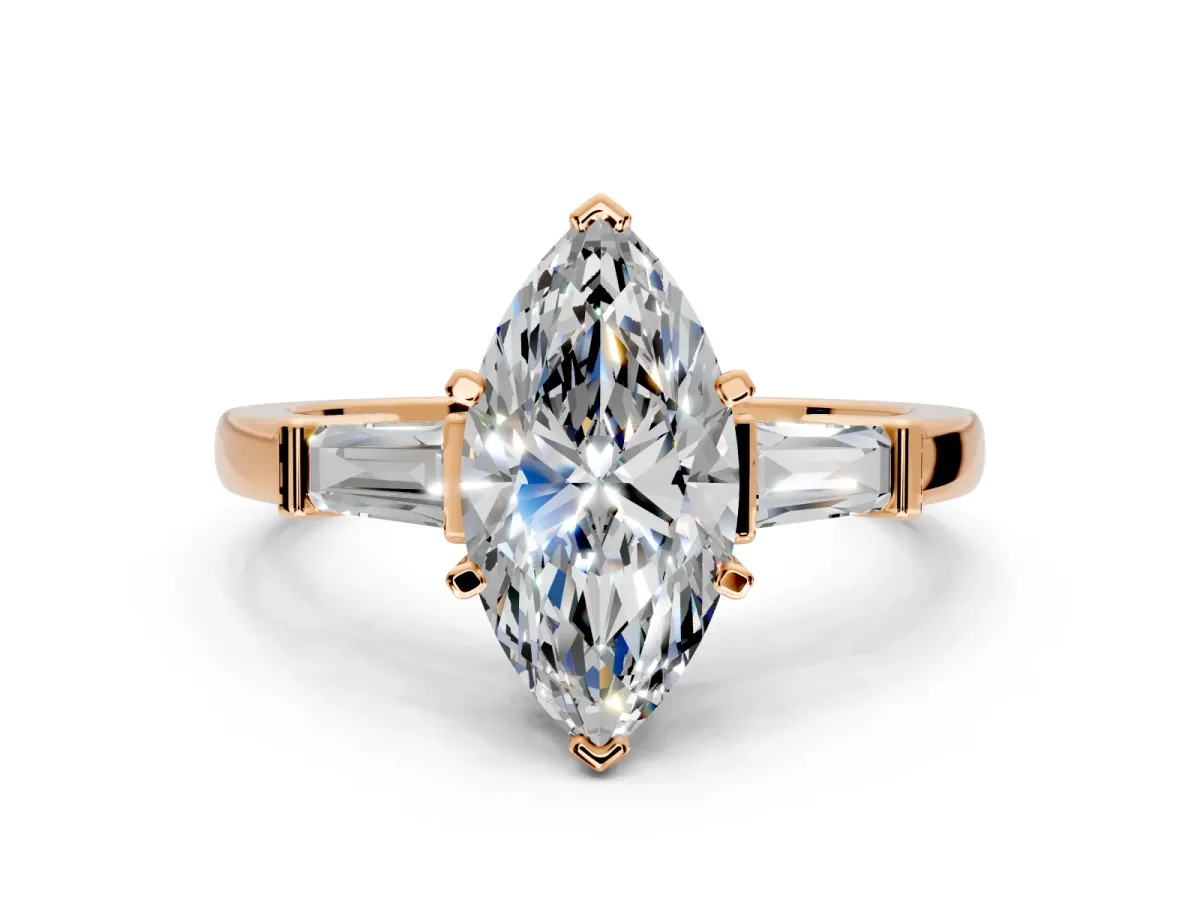 3 Stone Engagement Ring Setting for Marquise Center with Channel Baguette Accents and Prong Head in Rose Gold
