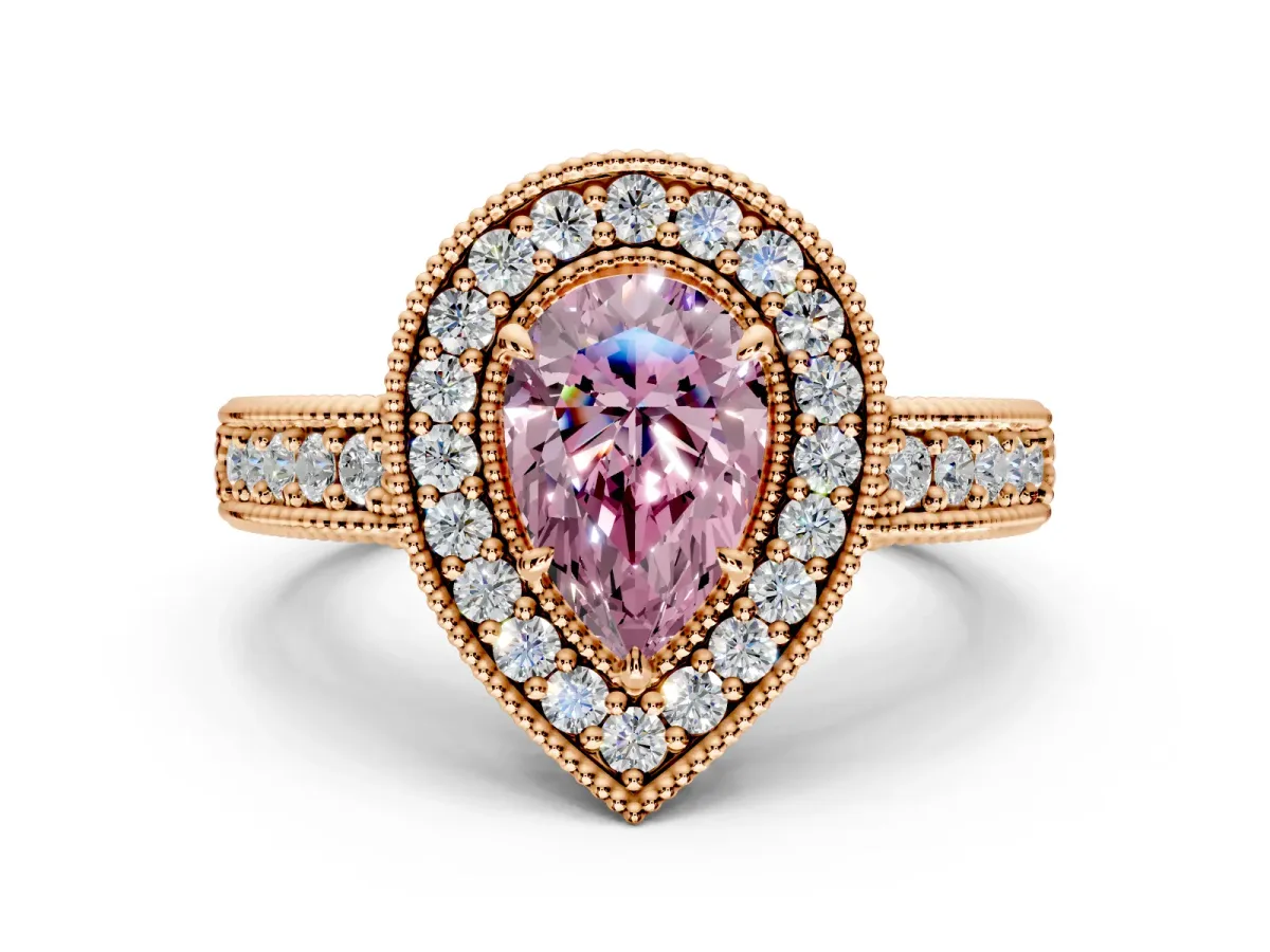 Milgrain Halo Engagement Ring Setting for Fancy Pink Pear-Shaped Center with Pave Band and Prong Head in Rose Gold