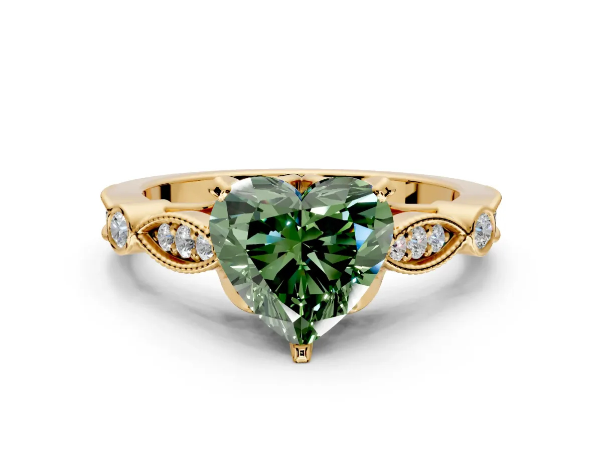 Solitaire Engagement Ring Setting for Fancy Green Heart-Shaped Center with Marquise and Bezel Accents and Prong Head in Yellow Gold