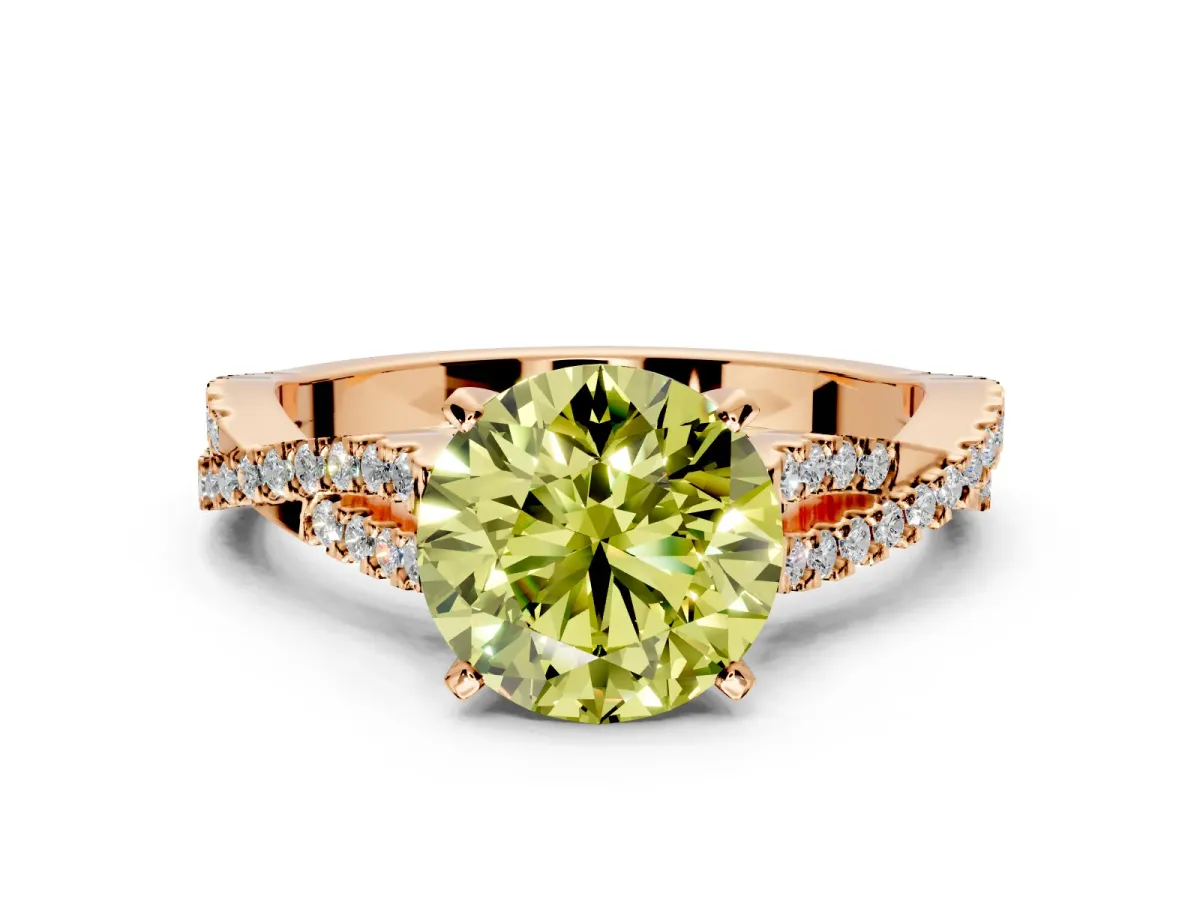 Solitaire Engagement Ring Setting for Fancy Yellow Round Cut Center with Twisted Pave Split Shank and Prong Head in Rose Gold