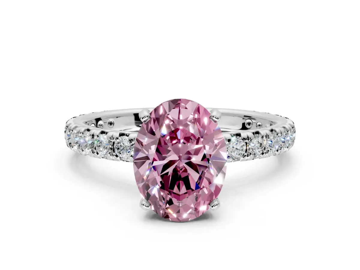 Solitaire Engagement Ring Setting for Fancy Pink Oval Center with Shared-Prong Accents and Prong Head in Platinum