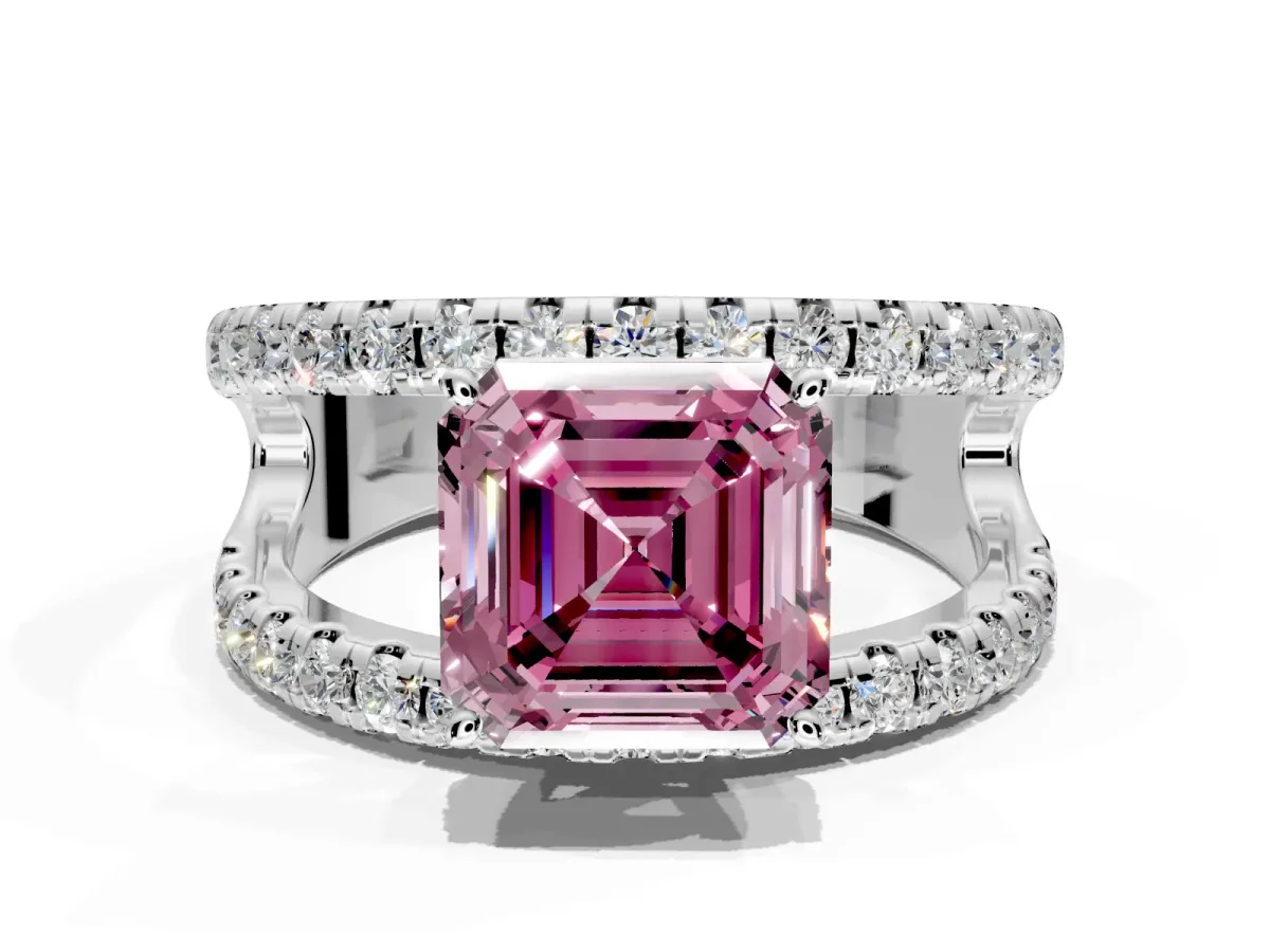 Solitaire Engagement Ring Setting for Fancy Pink Asscher Cut Center with Wide-Open Split Shank and Prong Head in Sterling Silver