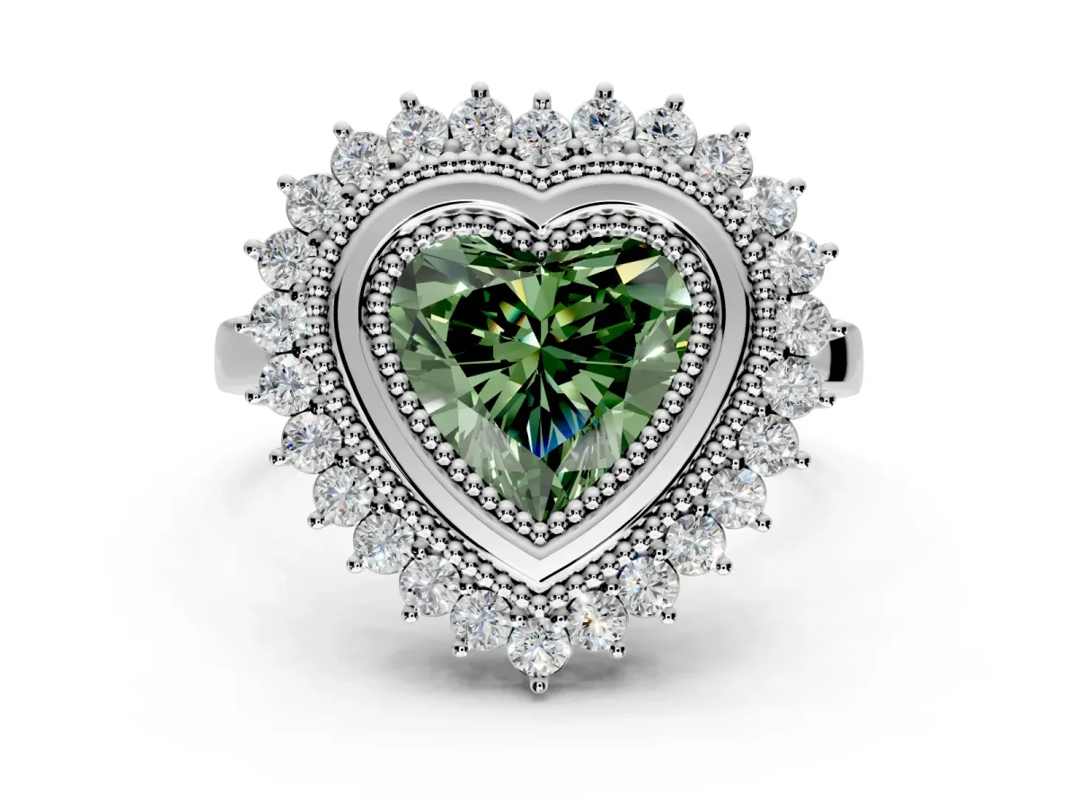 Halo Engagement Ring Setting for Fancy Green Heart-Shaped Center with Milgrain Bezel Rim, Plain Band and Prong Head in Sterling Silver