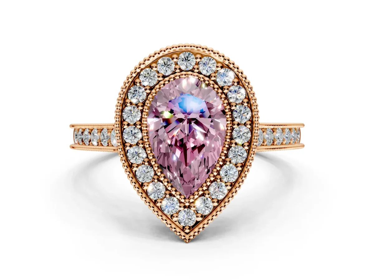 Halo Engagement Ring Setting for Fancy Pink Pear-Shaped Center with Milgrain Pave Band and Bezel Head in Rose Gold