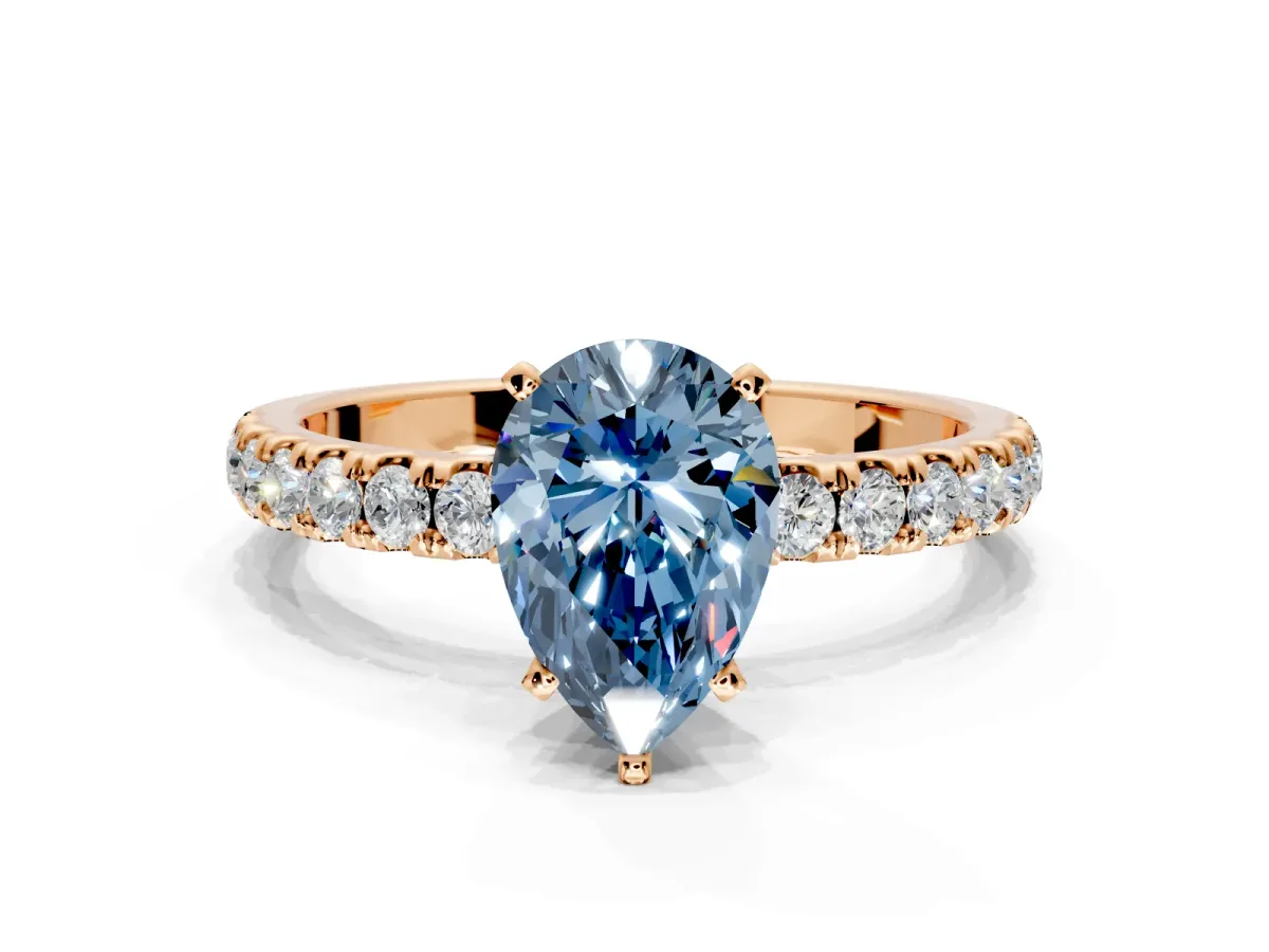 Open Basket Engagement Ring Setting for Fancy Blue Pear-Shaped Center with Pave Band and Prong Head in Rose Gold