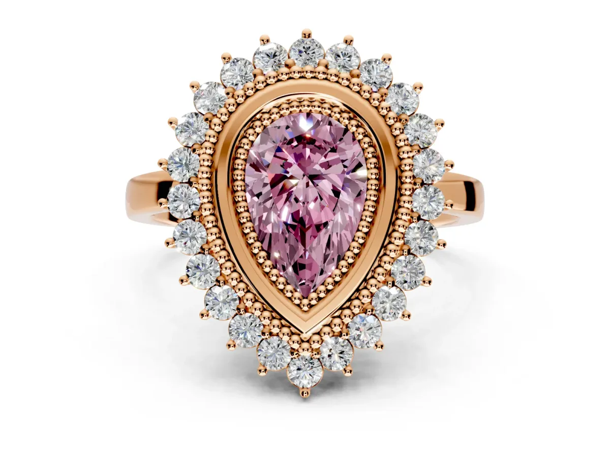 Halo Engagement Ring Setting for Fancy Pink Pear-Shaped Center with Milgrain Bezel Rim, Plain Band and Prong Head in Rose Gold