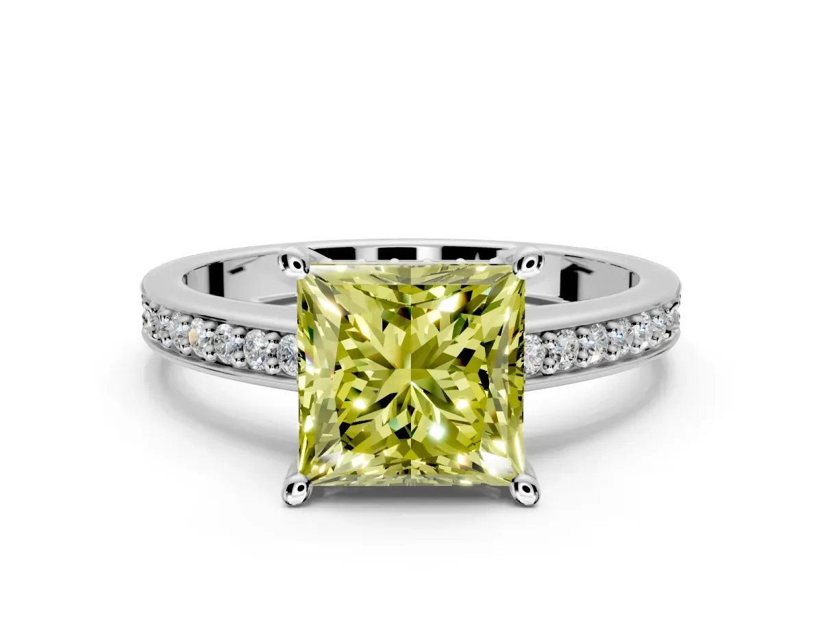 Solitaire Engagement Ring Setting for Fancy Yellow Princess Cut Center with Channel-Set Accent Band and Prong Head in Platinum