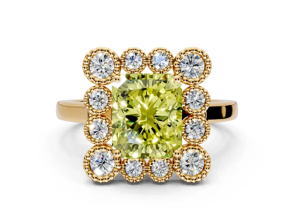 Cluster Halo Engagement Ring Setting for Fancy Yellow Radiant Cut Center with Milgrain Bezel Accents and Prong Head in Yellow Gold