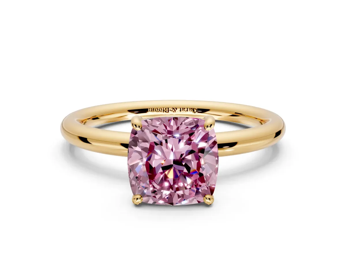 Low-Set Solitaire Engagement Ring Setting for Fancy Pink Cushion Cut Center with Thin Plain Band and Prong Head in Yellow Gold