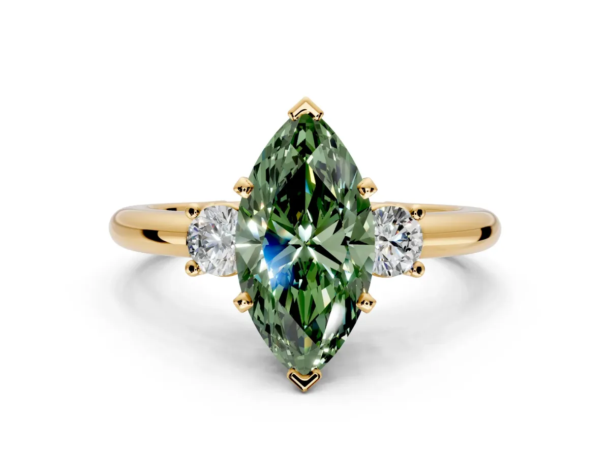 3 Stone Engagement Ring Setting for Fancy Green Marquise Center with Wide Plain Band and Prong Head in Yellow Gold