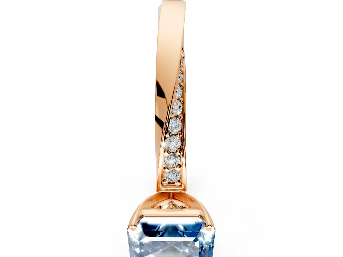 Side Accent Engagement Ring Setting for Fancy Blue Asscher Cut Center with Accent Shoulders and Prong Head in Rose Gold