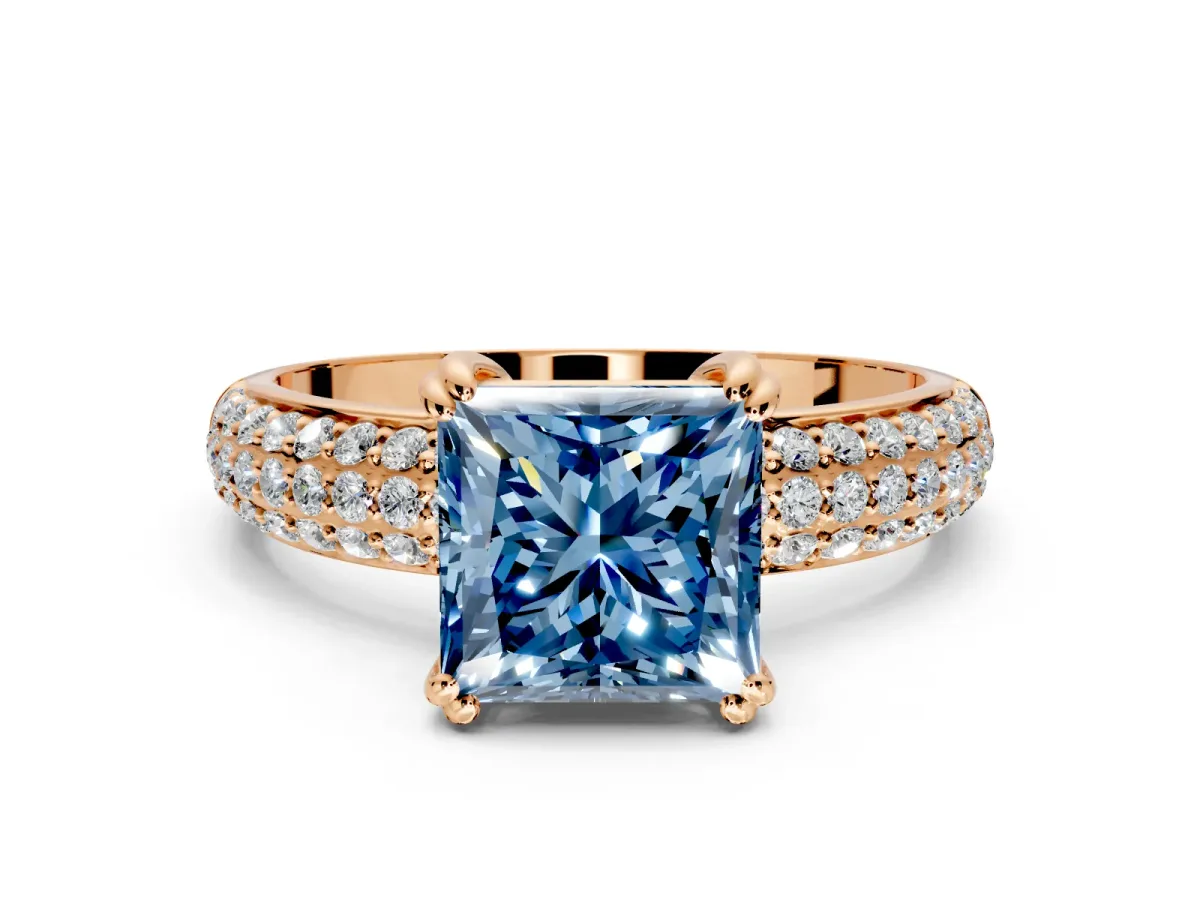 Solitaire Engagement Ring Setting for Fancy Blue Princess Cut Center with Multi-Row Pave Accents and Basket Head in Rose Gold