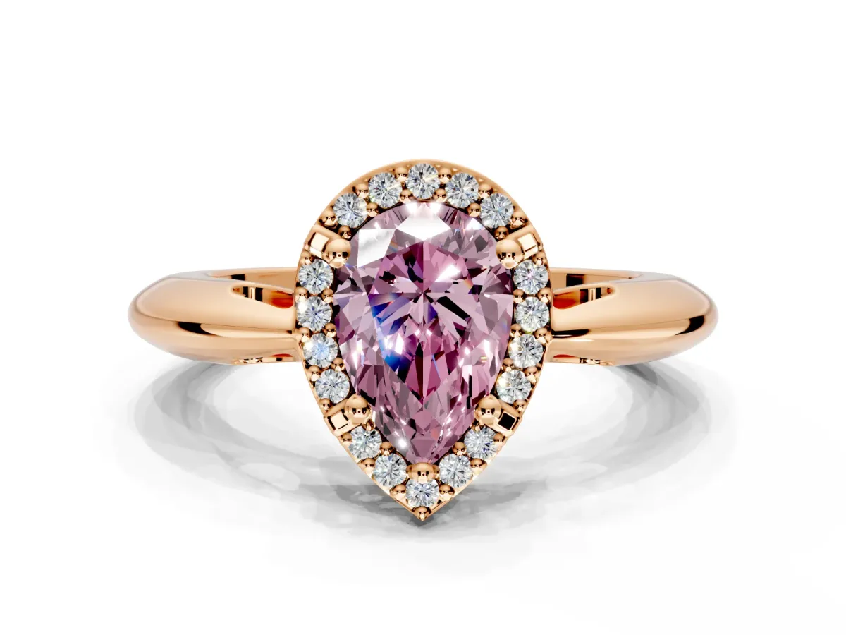 Halo Engagement Ring Setting for Fancy Pink Pear-Shaped Center with Tapered Plain Band and Prong Head in Rose Gold