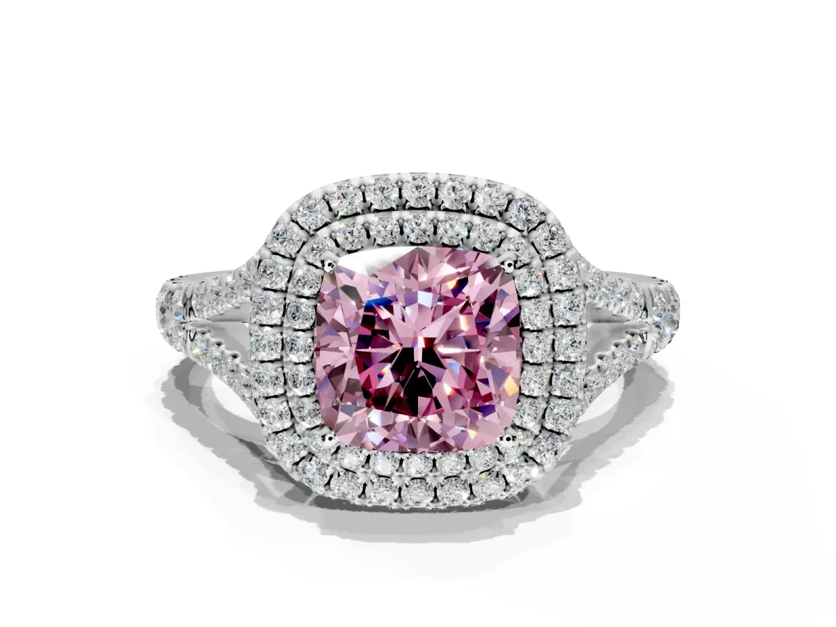 Double Halo Engagement Ring Setting for Fancy Pink Cushion Cut Center with Narrow Pave Split Shank and Prong Head in Platinum