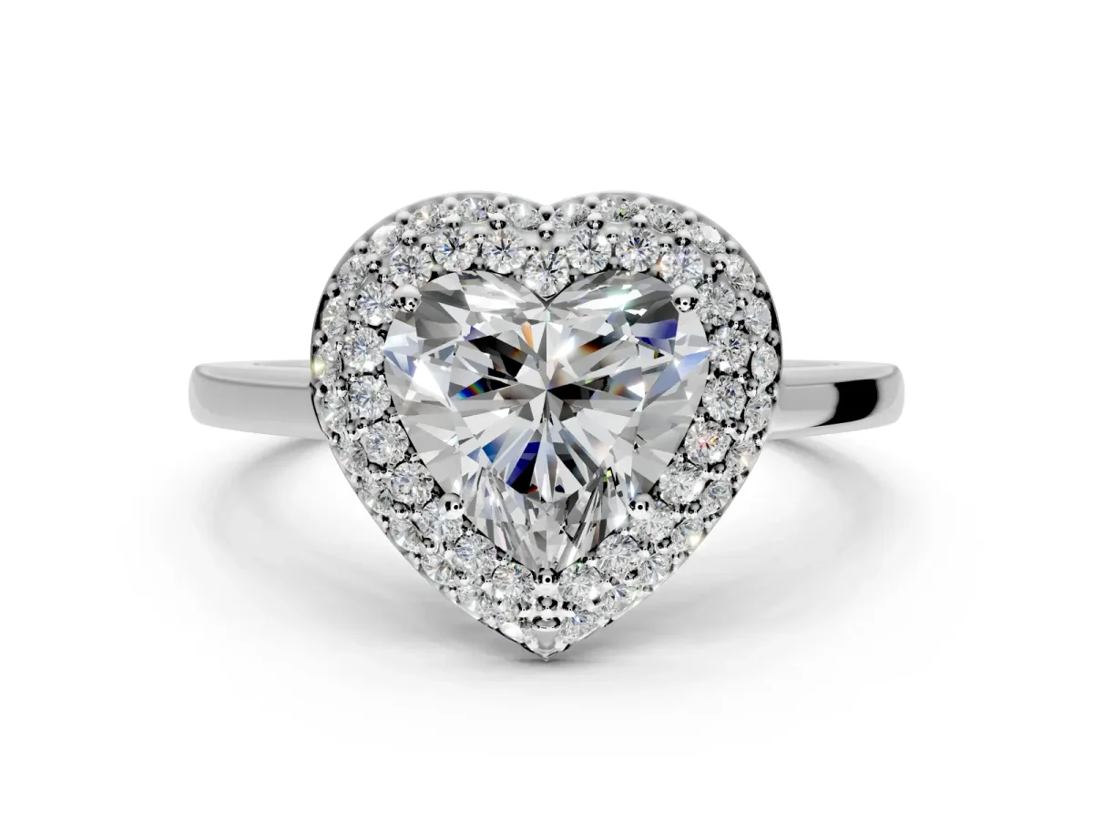 Halo Engagement Ring Setting for Heart-Shaped Center with Plain Tapered Band and Prong Head in Sterling Silver