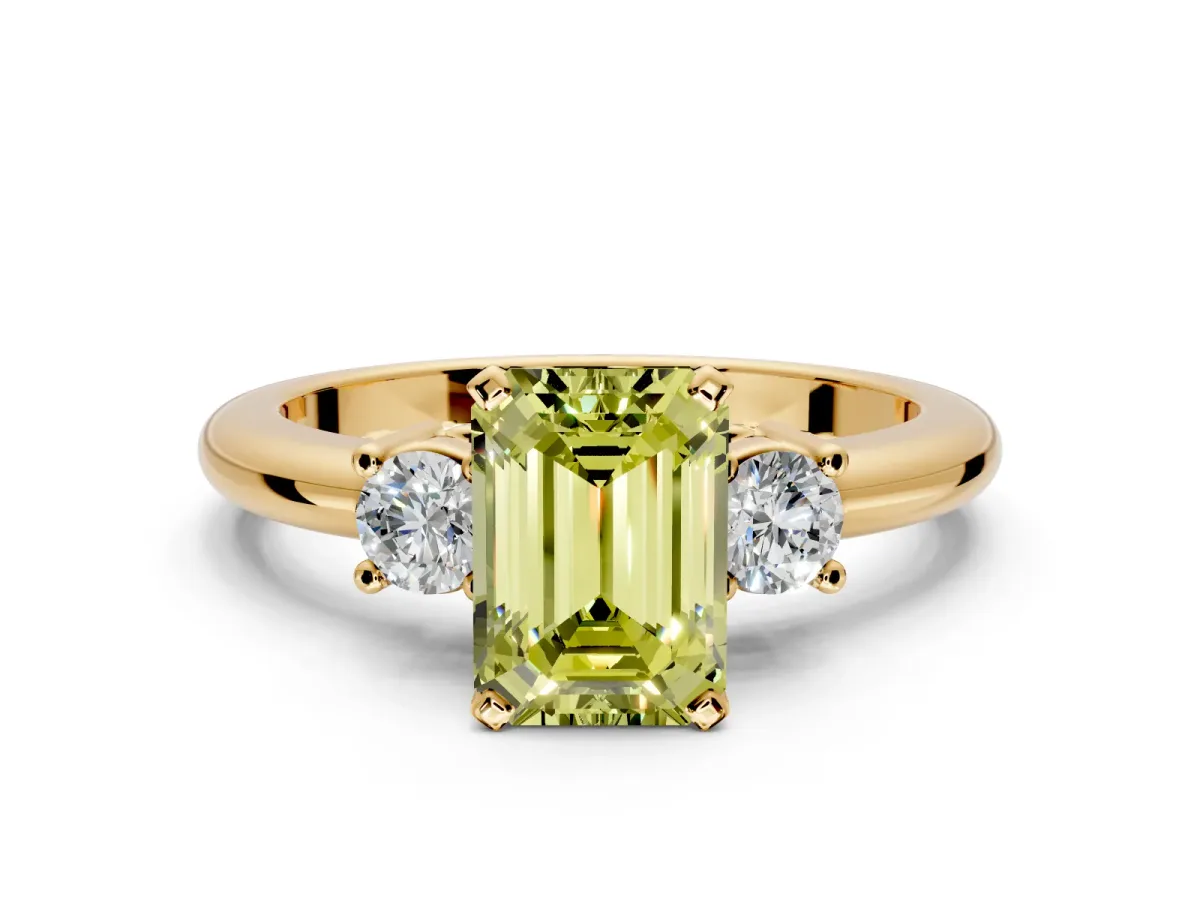 3 Stone Engagement Ring Setting for Fancy Yellow Emerald Cut Center with Wide Plain Band and Prong Head in Yellow Gold