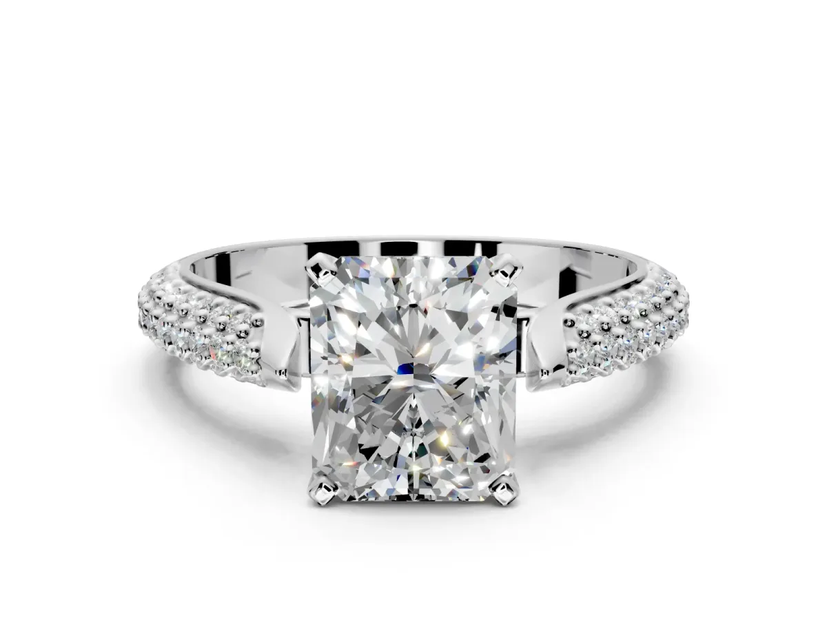 Solitaire Engagement Ring Setting for Radiant Cut Center with Multi-Row Accents and Prong Head in Sterling Silver