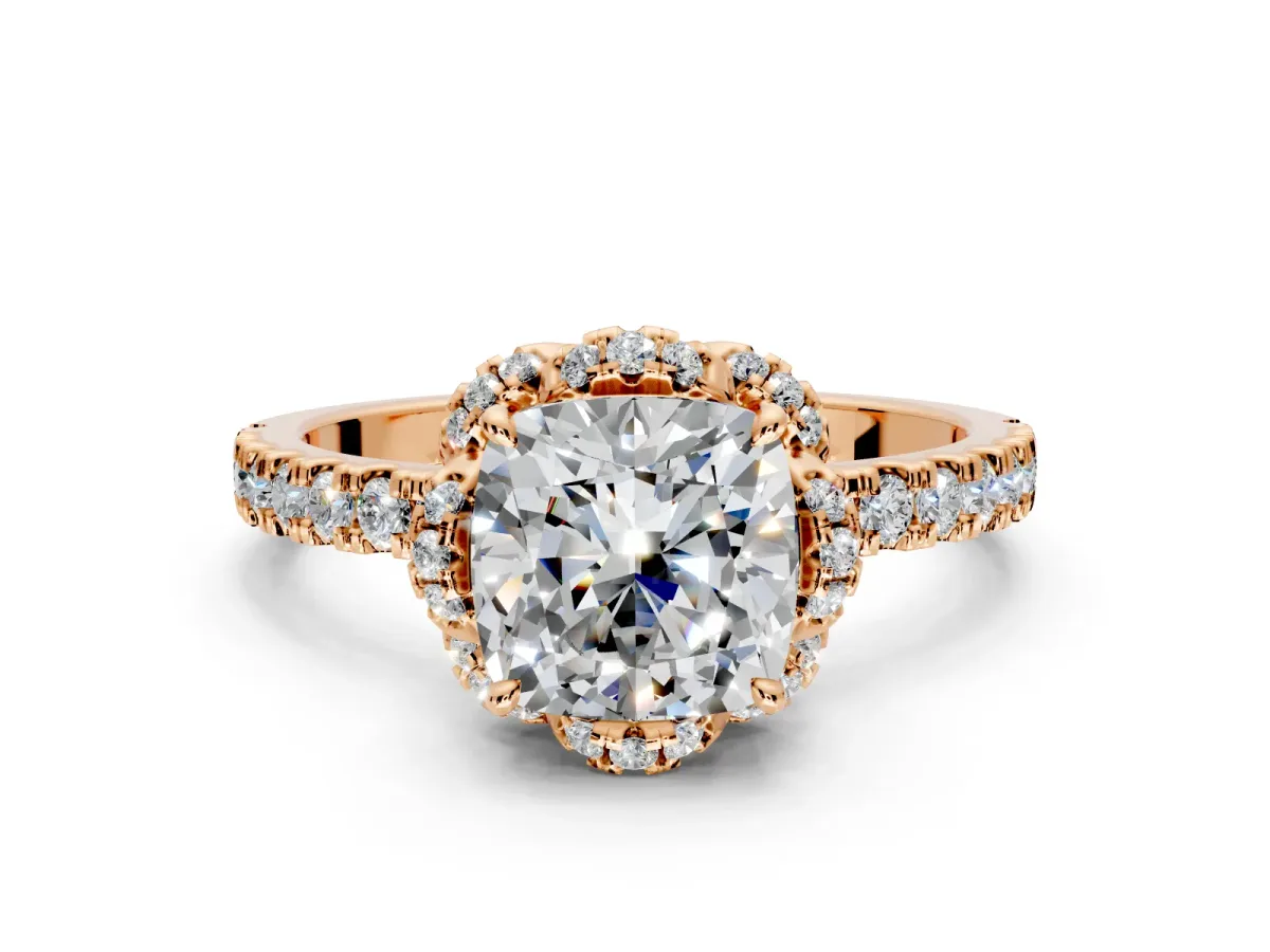 Halo Engagement Ring Setting for Cushion Cut Center with Openwork Halo, Pave Band and Prong Head in Rose Gold