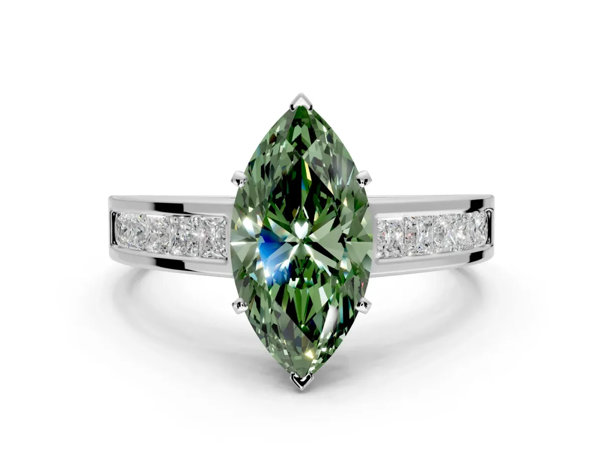Solitaire Engagement Ring Setting for Fancy Green Marquise Center with Princess Cut Channel Band and Prong Head in Platinum