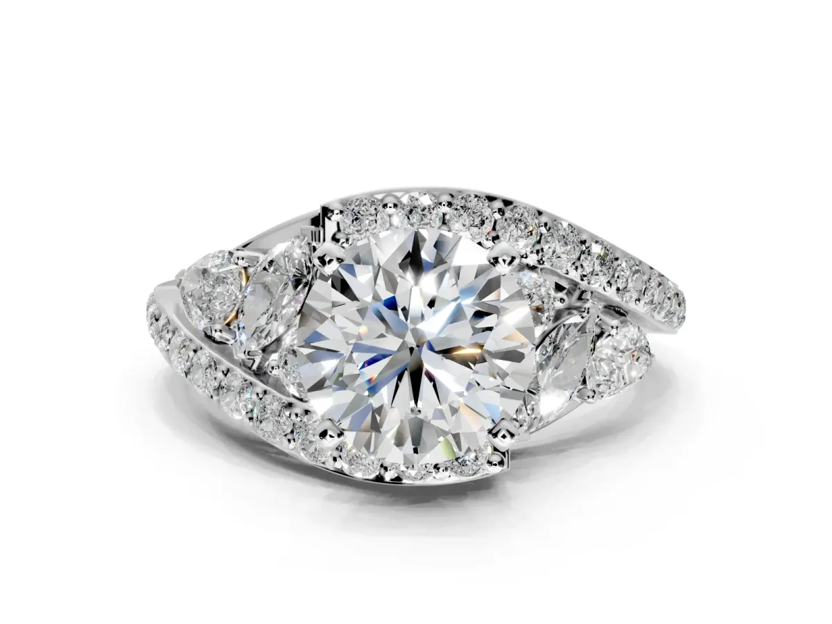 Halo Engagement Ring Setting for Round Cut Center with Marquise and Pave Bypass Band and Prong Head in Platinum
