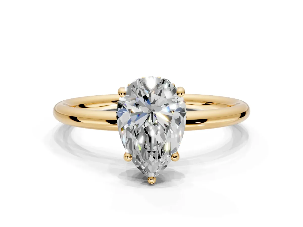 Solitaire Engagement Ring Setting for Pear-Shaped Center with Plain Band, Open Basket and Prong Head in Yellow Gold