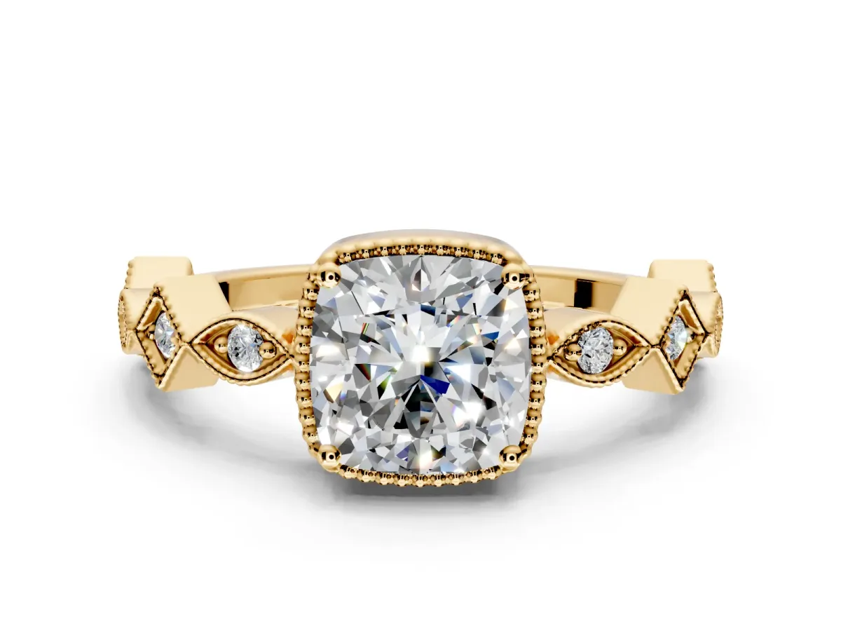 Milgrain Bezel Engagement Ring Setting for Cushion Cut Center with Marquise Stations and Bezel Head in Yellow Gold