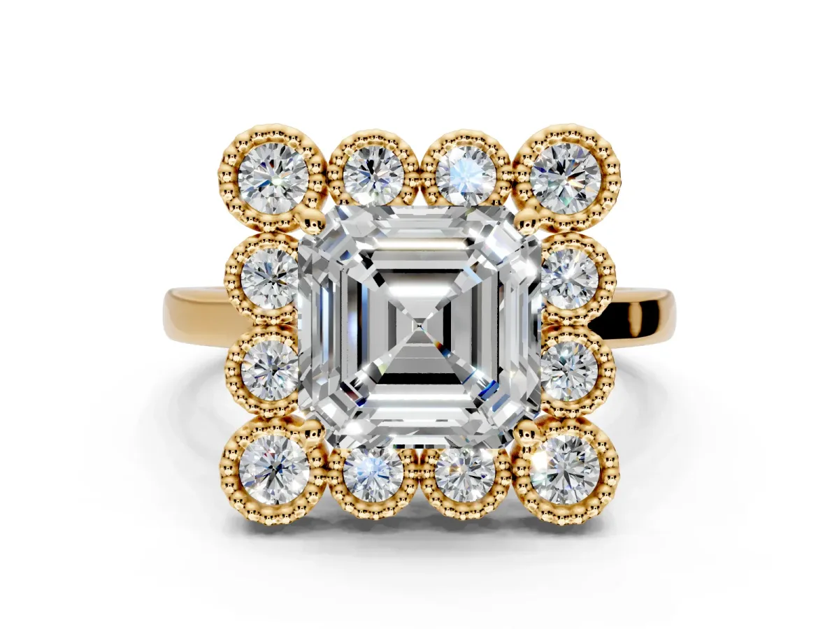 Cluster Halo Engagement Ring Setting for Asscher Cut Center with Milgrain Bezel Accents and Prong Head in Yellow Gold