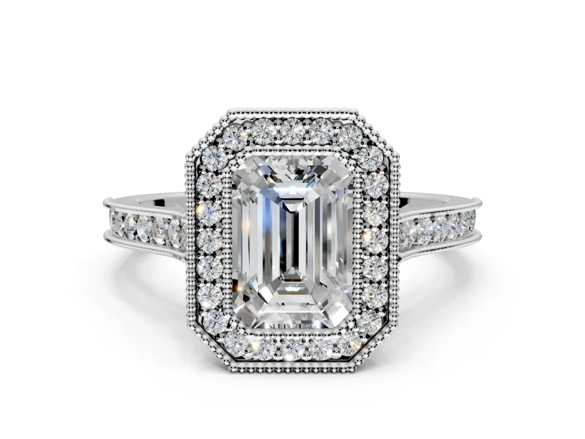 Halo Engagement Ring Setting for Emerald Cut Center with Milgrain Pave Band and Bezel Head in Platinum
