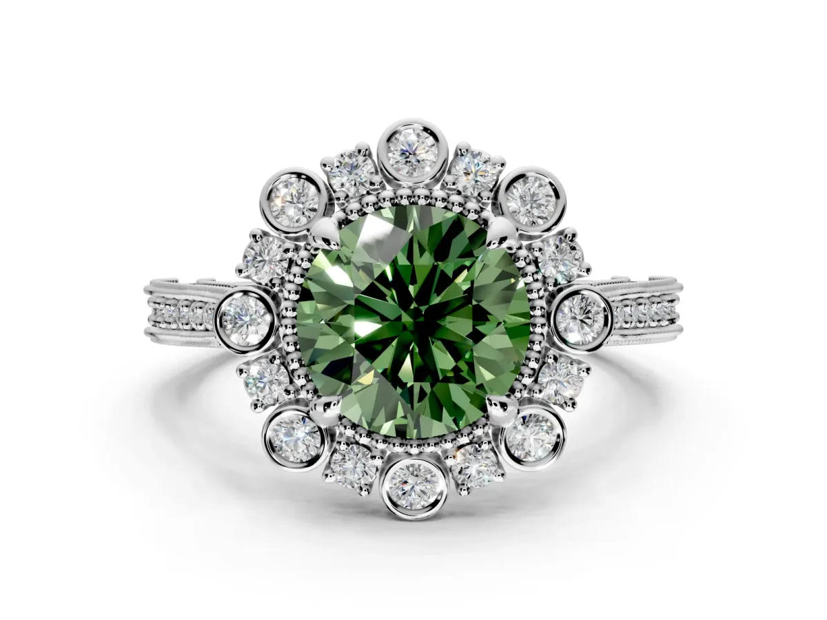 Milgrain Halo Engagement Ring Setting for Fancy Green Round Cut Center with Bezel Point Accents and Prong Head in Sterling Silver
