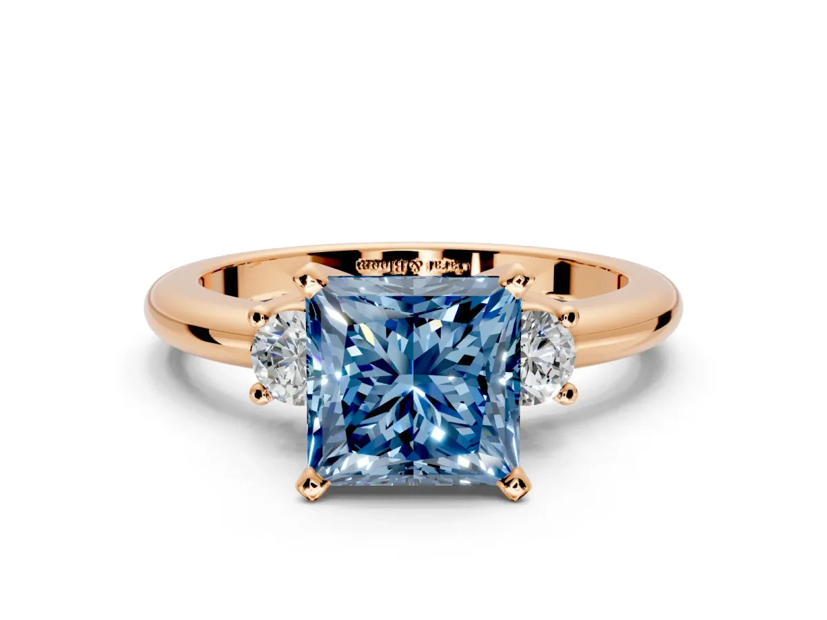 3 Stone Engagement Ring Setting for Fancy Blue Princess Cut Center with Wide Plain Band and Prong Head in Rose Gold