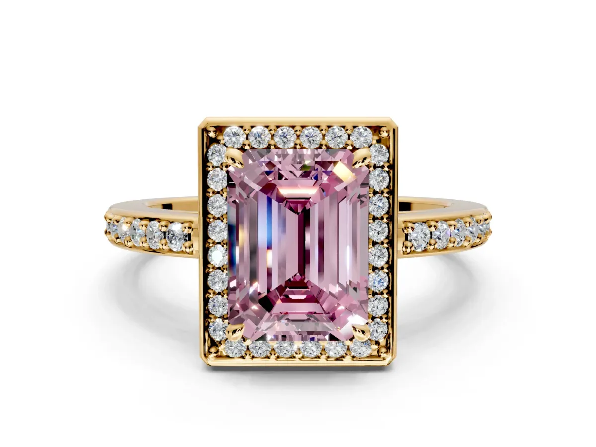 Halo Engagement Ring Setting for Fancy Pink Emerald Cut Center with Metal-Rimmed Halo, Pave Band and Prong Head in Yellow Gold
