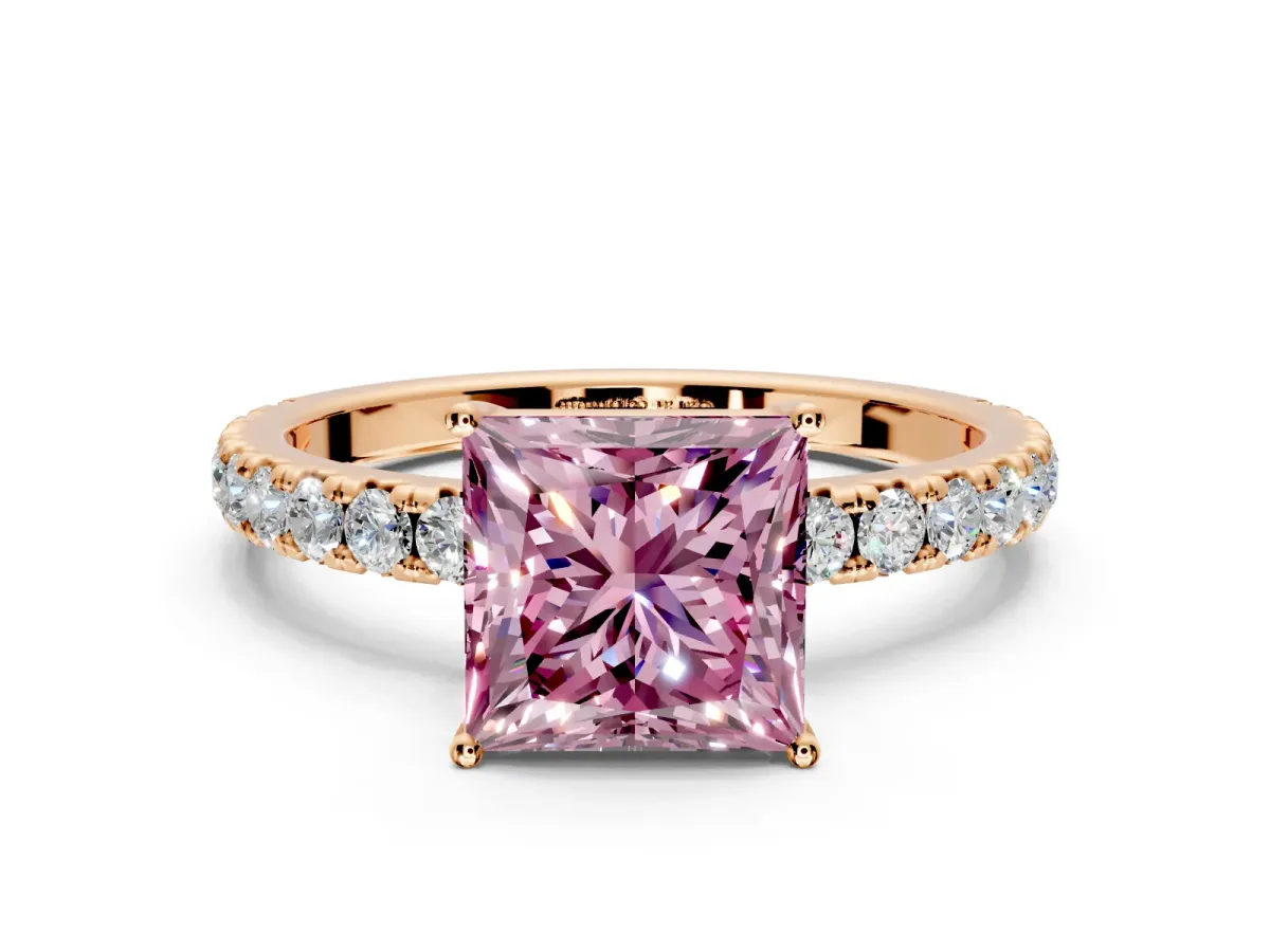 Solitaire Engagement Ring Setting for Fancy Pink Princess Cut Center with Large Accent Band and Prong Head in Rose Gold