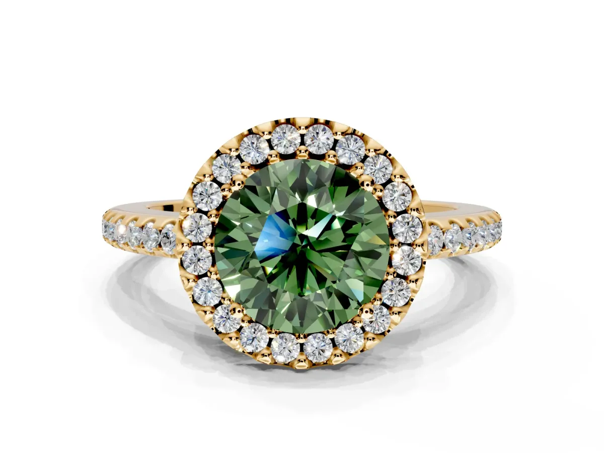 Pave Halo Engagement Ring Setting for Fancy Green Round Cut Center with Single Row Pave Band and Prong Head in Yellow Gold