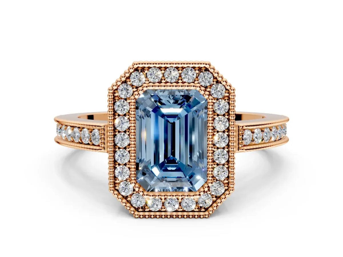 Halo Engagement Ring Setting for Fancy Blue Emerald Cut Center with Milgrain Halo, Pave Band and Prong Head in Rose Gold