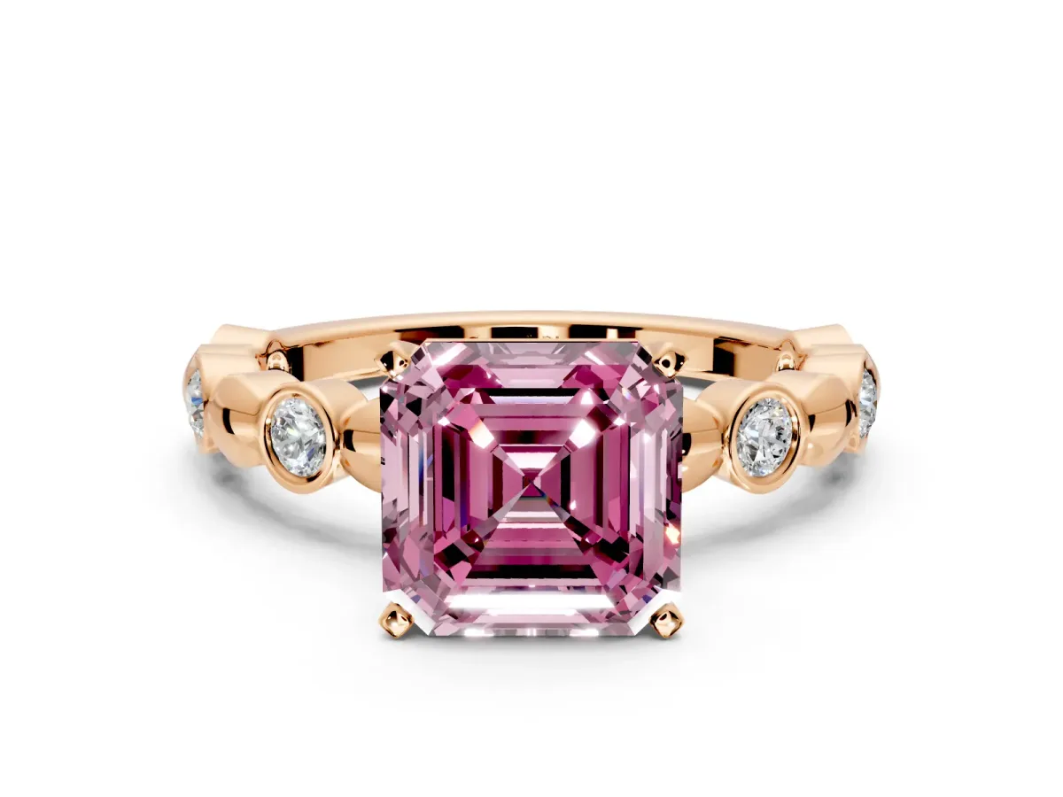 Solitaire Engagement Ring Setting for Fancy Pink Asscher Cut Center with Beaded Bezel Station Band and Prong Head in Rose Gold