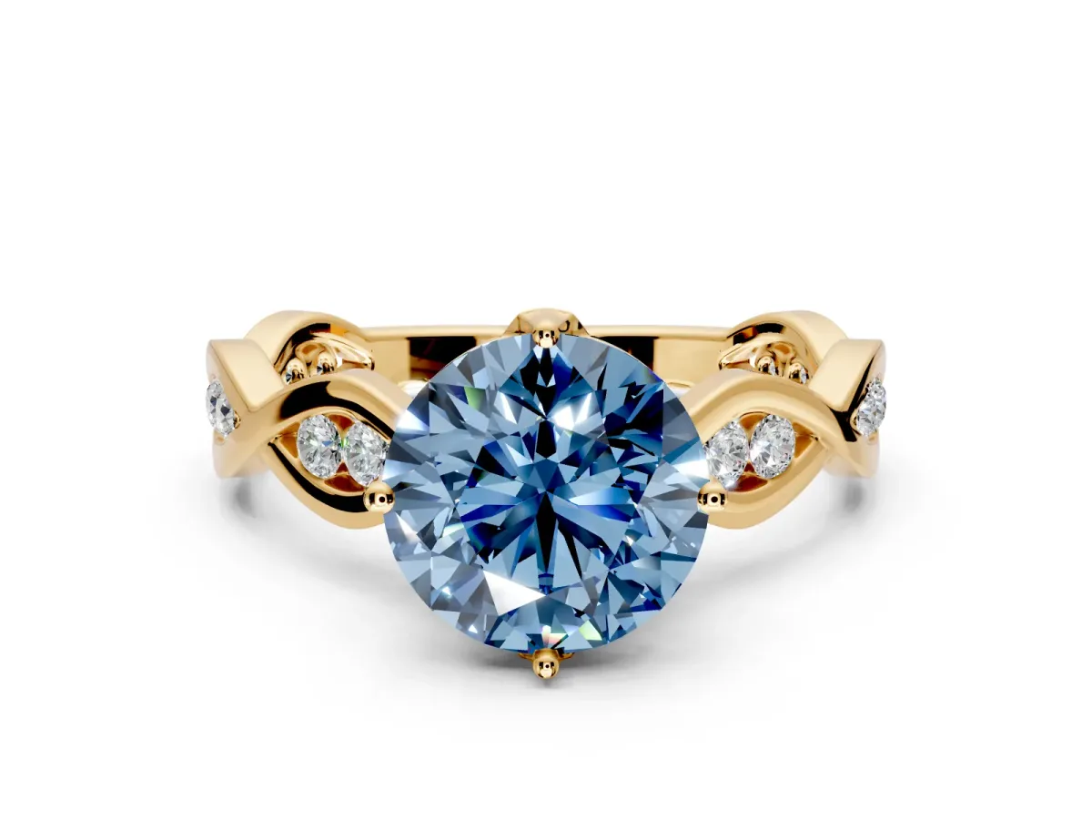 Solitaire Engagement Ring Setting for Fancy Blue Round Cut Center with Accented Twist Band and Leaf Prong Head in Yellow Gold