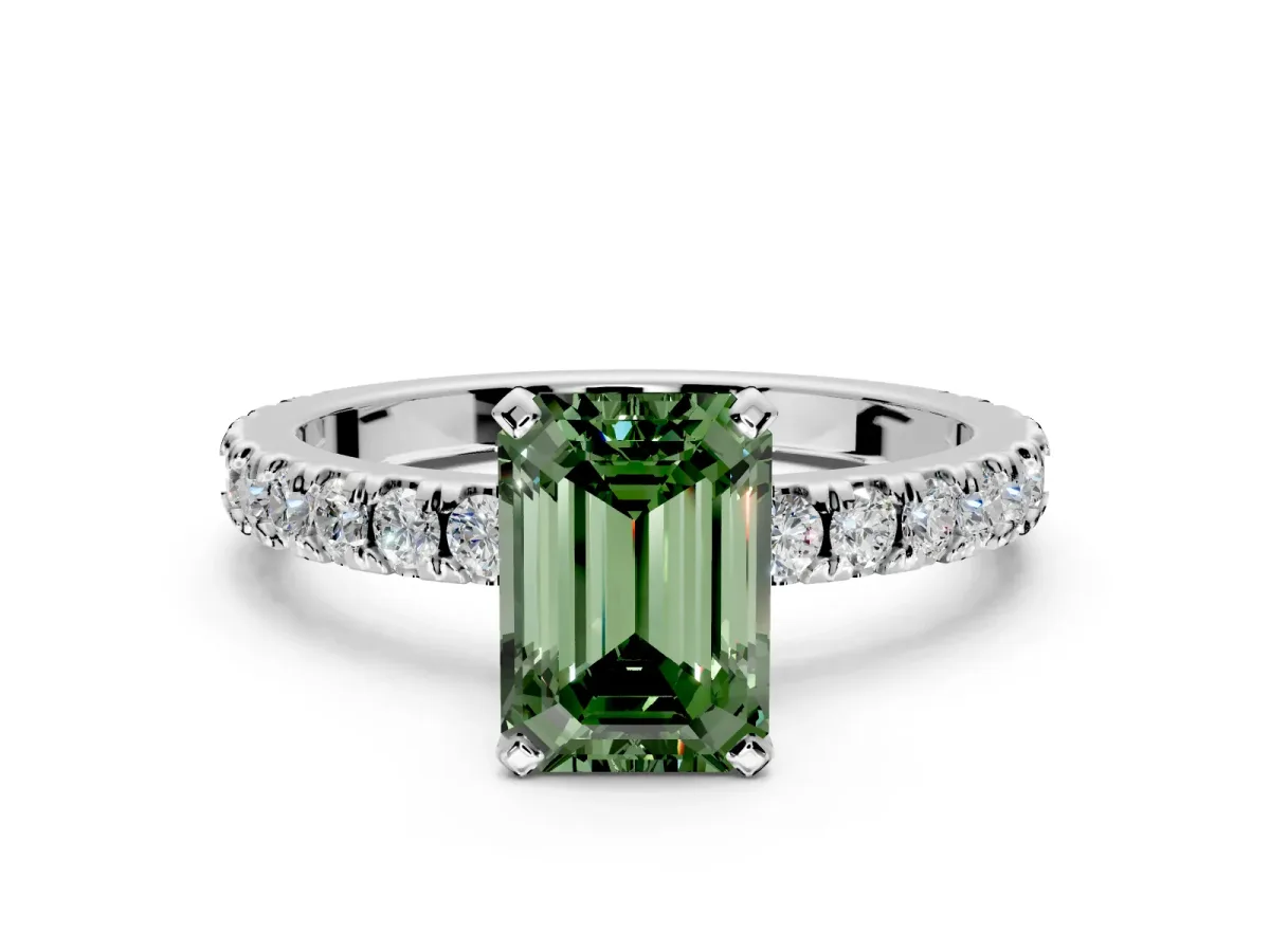 Solitaire Engagement Ring Setting for Fancy Green Emerald Cut Center with Fine Pave Band and Claw Prong Head in Platinum