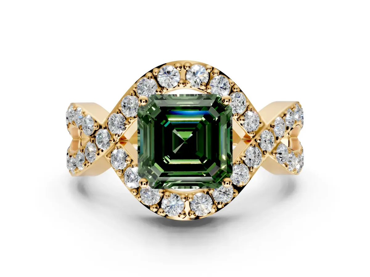 Halo Engagement Ring Setting for Fancy Green Asscher Cut Center with Pave Infinity Twist Band and Prong Head in Yellow Gold