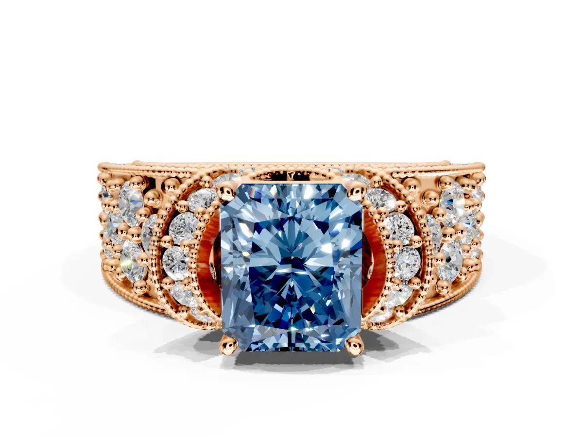 Pave Engagement Ring Setting for Fancy Blue Radiant Cut Center with Curved Accent Rows, Openwork and Prong Head in Rose Gold
