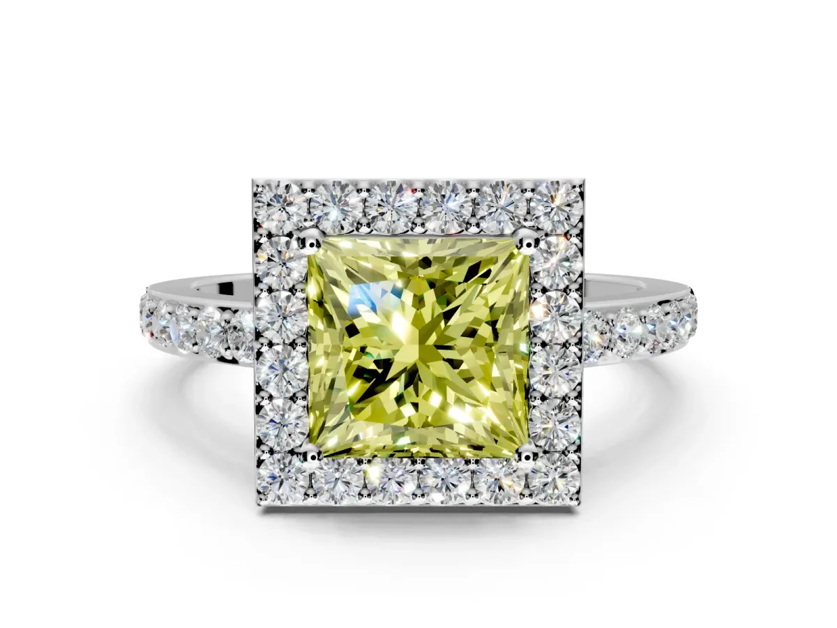 Halo Engagement Ring Setting for Fancy Yellow Princess Cut Center with Heart-Shaped Openwork, Pave Band and Prong Head in White Gold
