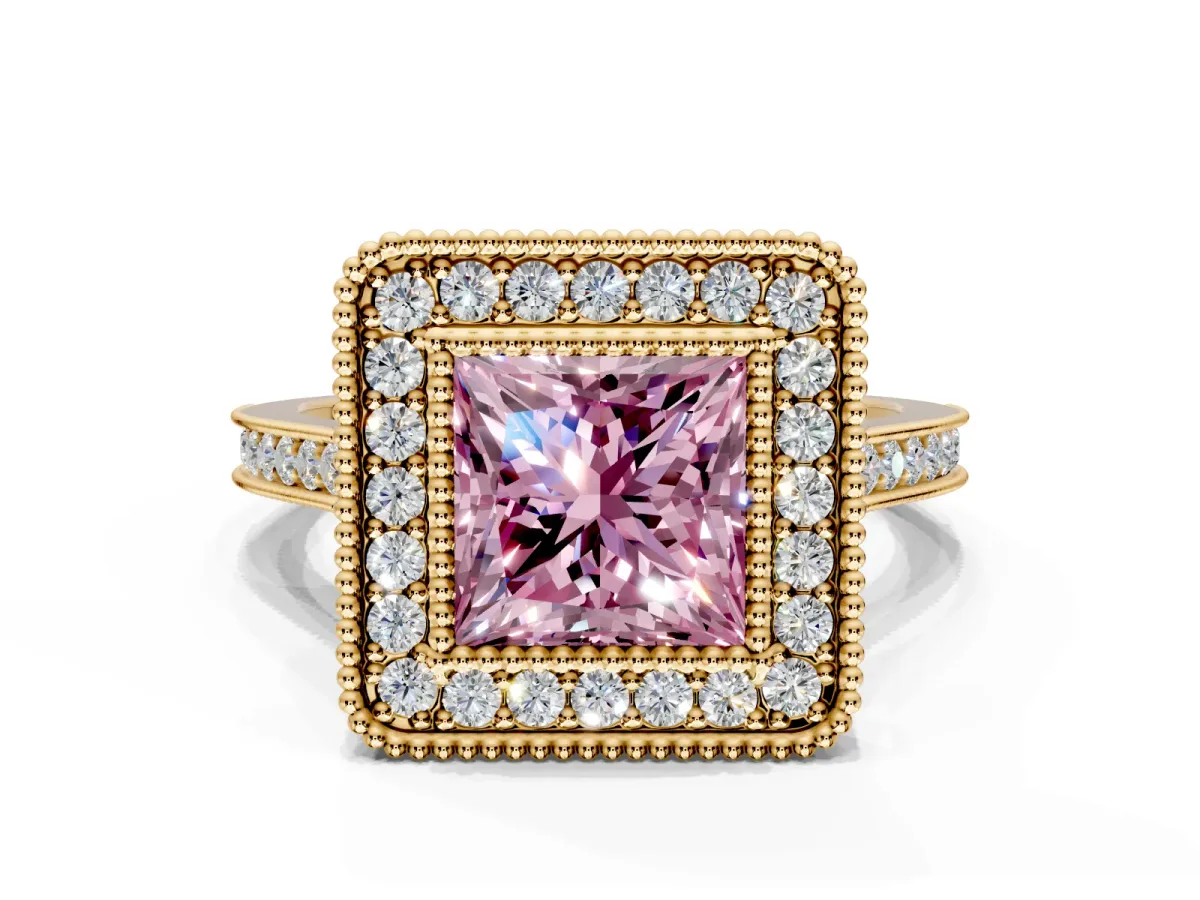 Halo Engagement Ring Setting for Fancy Pink Princess Cut Center with Milgrain Frame, Pave Band and Prong Head in Yellow Gold