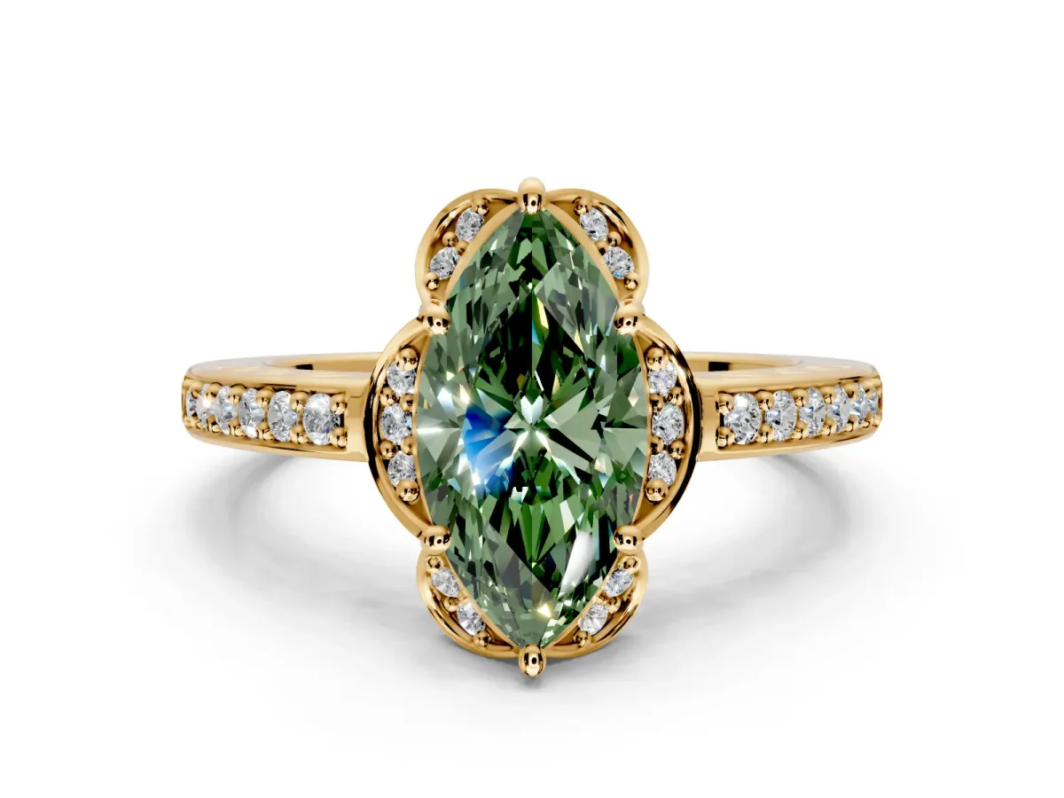 Floral Engagement Ring Setting for Fancy Green Marquise Center with Four Accent Clusters and Prong Head in Yellow Gold