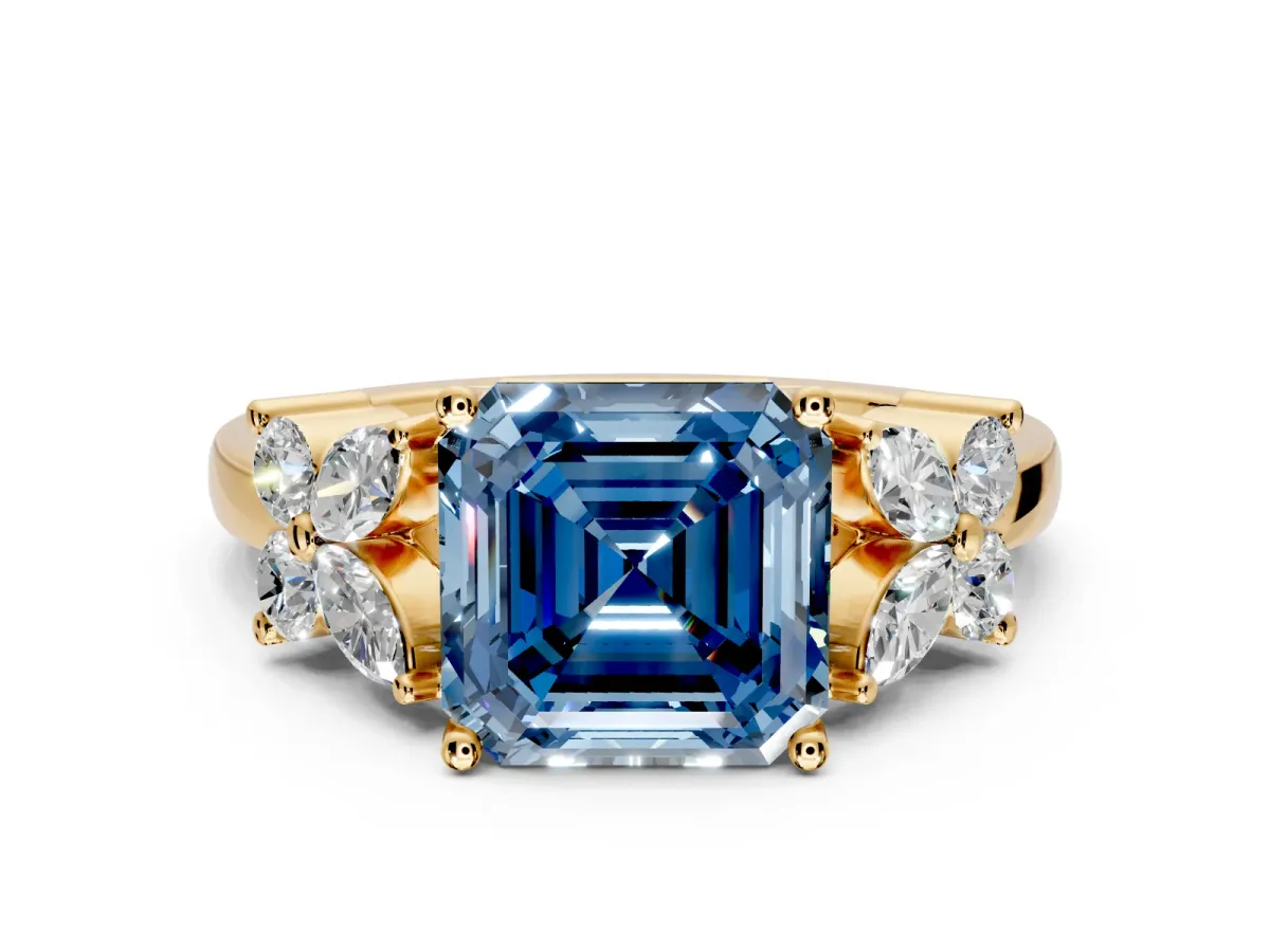 Floral Engagement Ring Setting for Fancy Blue Princess Cut Center with Marquise Cluster Shoulders and Prong Head in Yellow Gold