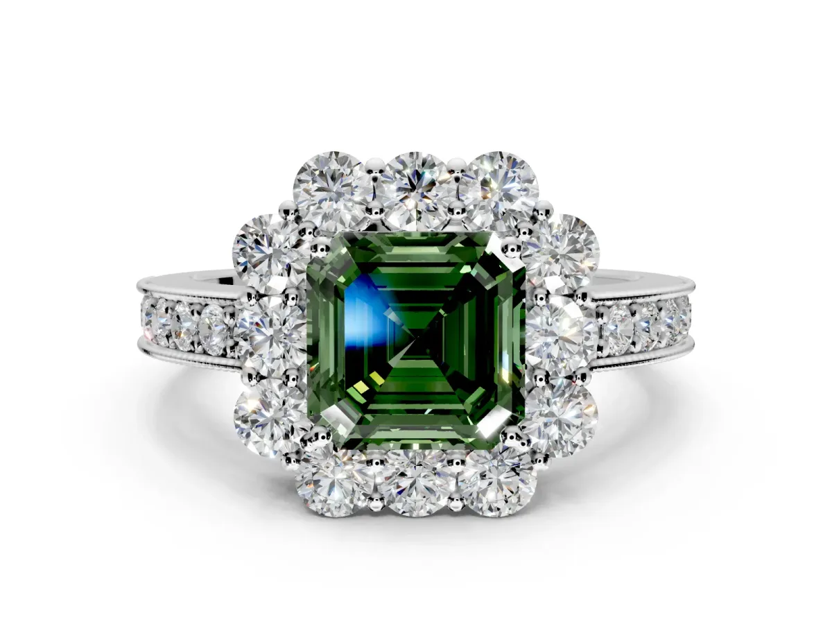 Halo Engagement Ring Setting for Fancy Green Asscher Cut Center with Milgrain Channel Band and Prong Head in Sterling Silver
