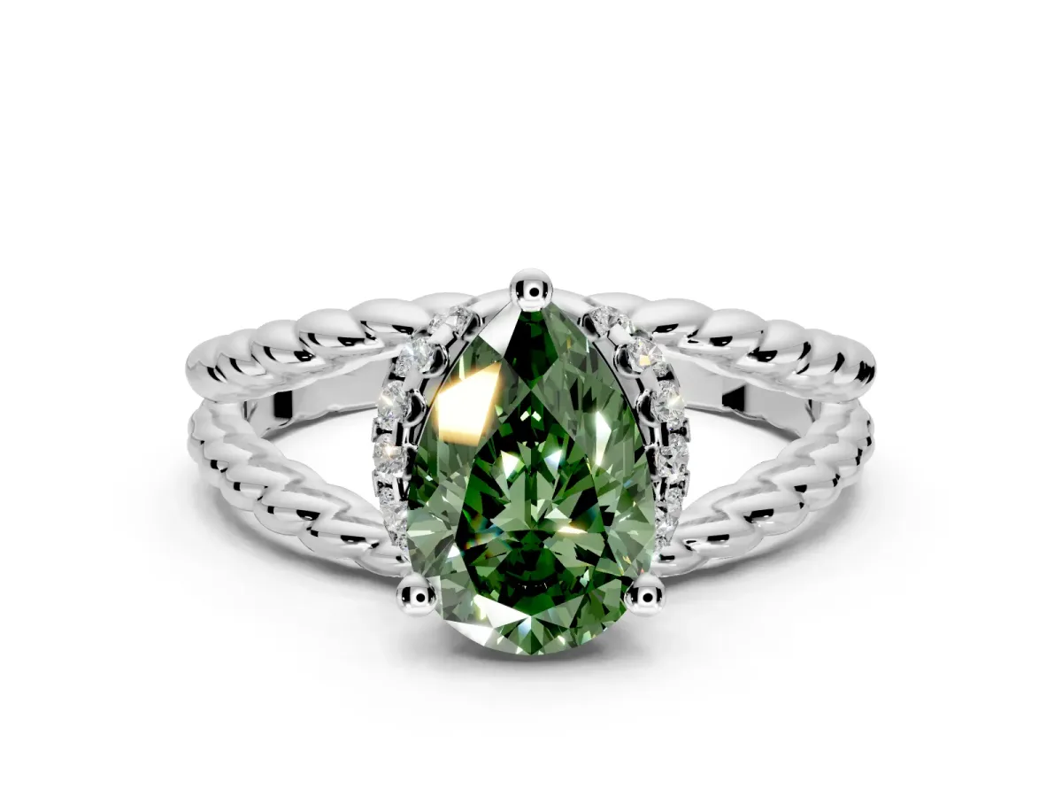 Halo Engagement Ring Setting for Fancy Green Pear-Shaped Center with Rope Twist Split Shank and Prong Head in Platinum