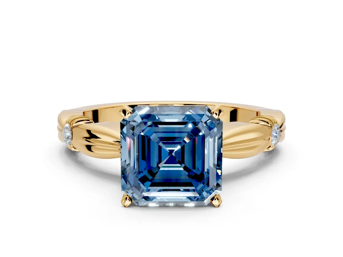 Solitaire Engagement Ring Setting for Fancy Blue Asscher Cut Center with Carved Leaf Shoulders and Prong Head in Yellow Gold