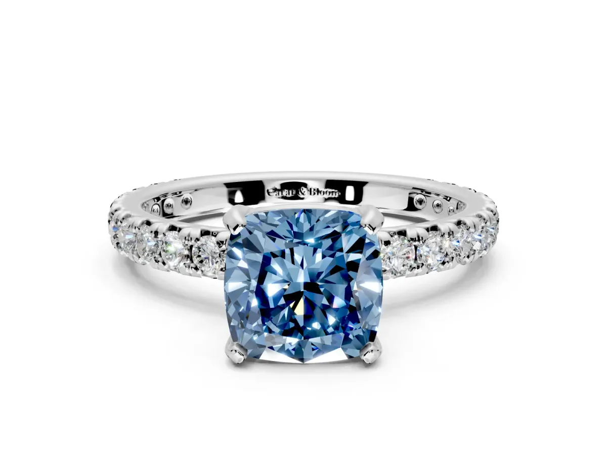 Solitaire Engagement Ring Setting for Fancy Blue Cushion Cut Center with Shared-Prong Accents and Prong Head in White Gold