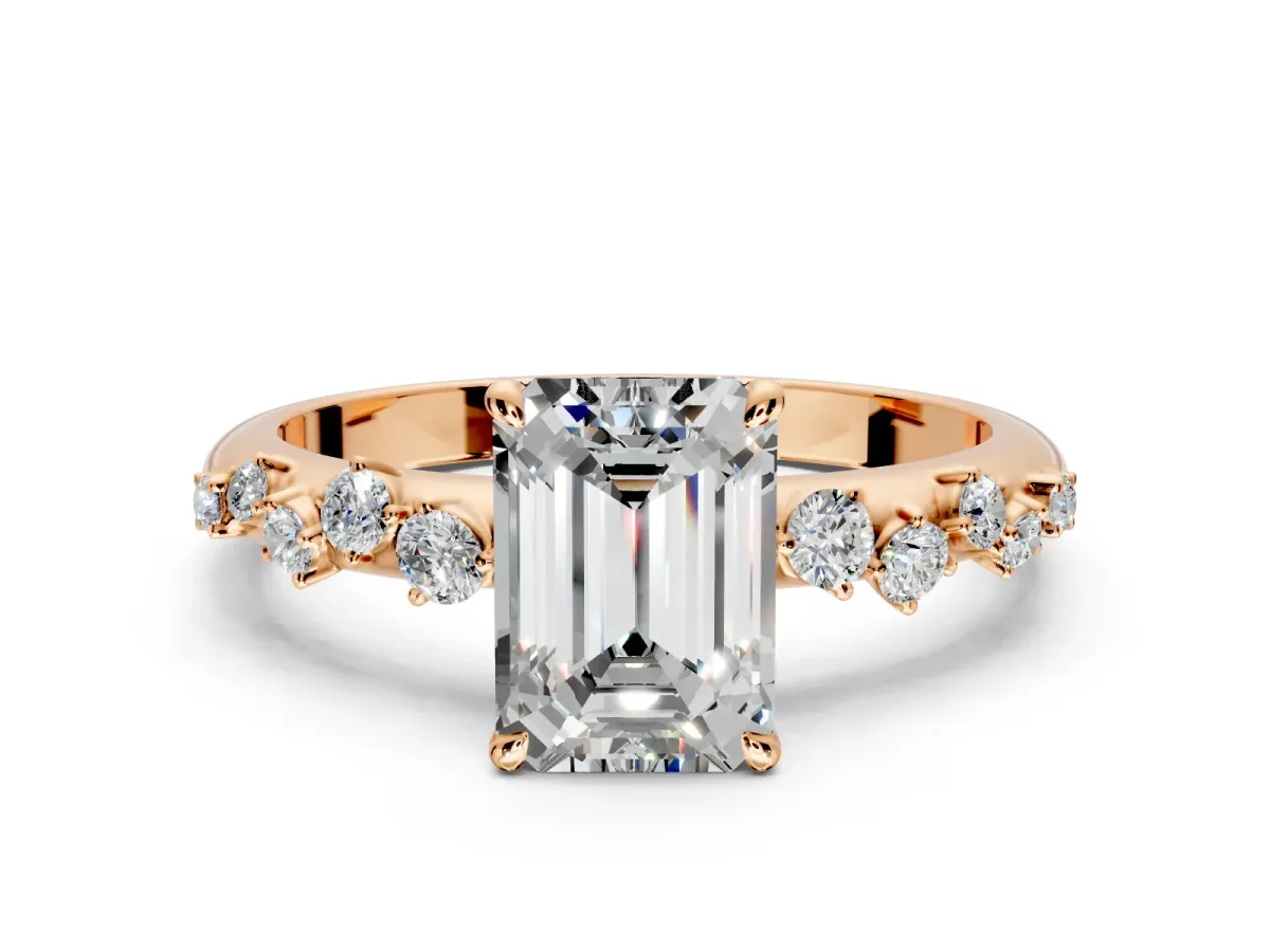 Cluster Engagement Ring Setting for Emerald Cut Center with Round Cut Accent Band and Prong Head in Rose Gold