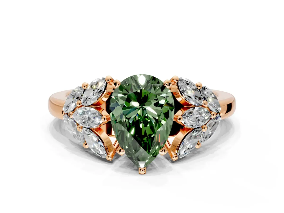 Leaf Cluster Engagement Ring Setting for Fancy Green Pear-Shaped Center with Marquise Accents and Prong Head in Rose Gold